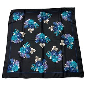 Albert Nipon 34" Square Scarf Black Blue Purple Silver Teal Floral 100% Silk